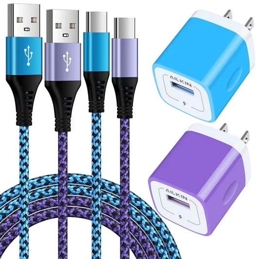 Charging Block,Type C Charger Block Fast Charging  2PCS Dual Port Charger Block with 4PCS Type C Charging Cables 6Ft USB C Cables Wall Charger Block Plug Android Charger Phone Cords Type C